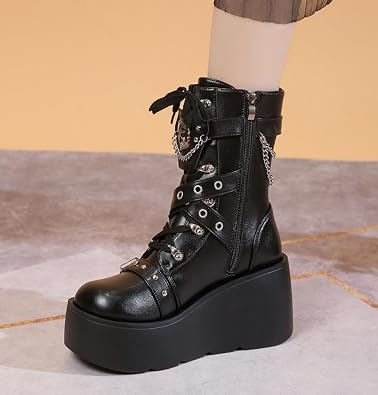 Goth Chunky Ankle Boots for Women Lace Up Combat with Buckle Chain Platform Heel Black Punk Shoes Studded Boots for Women Waterproof Light Weight