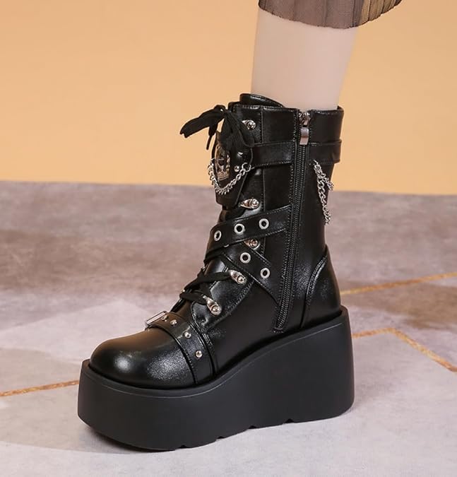 Goth Chunky Ankle Boots for Women Lace Up Combat with Buckle Chain Platform Heel Black Punk Shoes Studded Boots for Women Waterproof Light Weight