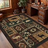 Rustic Cabin Living Room Rug 5x7, Washable Upgrade Non-Slip Animal Bear Deer Wildlife Print Pattern Area Rugs Low Pile Ultra-Thin Lodge Hunting Carpet for Bedroom, Dining Room, Office, Rustic Multi