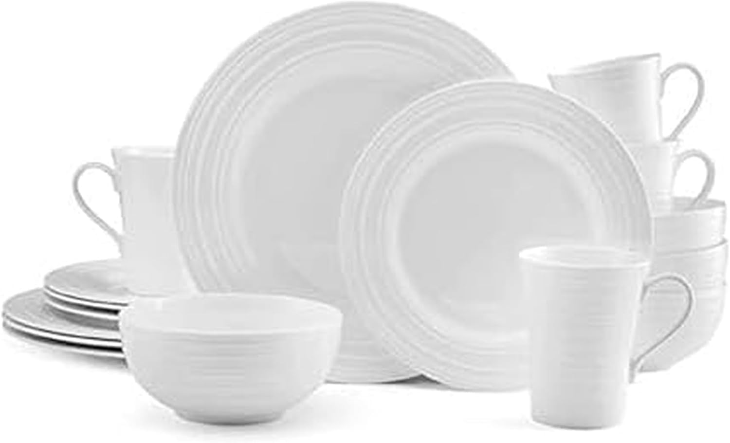 Mikasa Ciara 16-Piece Dinnerware Set showing all plates, bowls, and mugs