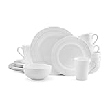 Ciara 16 Piece Bone China Dinnerware Set, Service for 4, Lightweight and Durable Plates Bowls and Mugs, Elegant White Dinnerware for Everyday Use