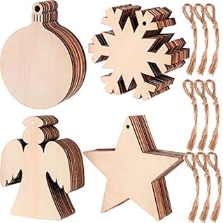 KAHEIGN 80Pcs Wooden Christmas Ornaments, Lantern Snowflake Angel Star Shape Wood Slice Ornaments for New Year Christmas Tree DIY Pendant Decoration - with 80Pcs Hanging Cords