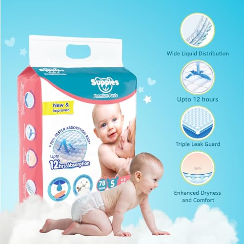 Image of Amazon Brand - Supples Premium Baby Diaper Pants | 78 Baby Diapers | Small | 4-8 Kg | 12 Hrs Absorption | Cushiony Cotton Soft Fabric | Phthalates-Free | Triple Leak Guard