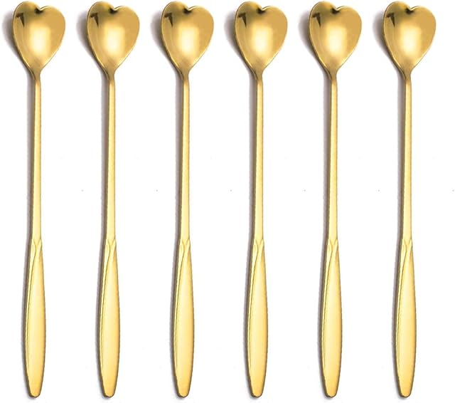 6 PCS Coffee Spoons Heart Long Spoons Stainless Steel Latte Macchiato Spoon for Stirring Coffee Tea Dessert Milkshake Hot & Cold Drinks Tableware