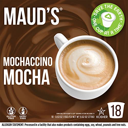 Maud's Chocolate Mocha Cappuccino Coffee (Mochaccino), 18Ct. Solar Energy Produced Recyclable Single Serve Dairy Free Coffee Pods 100% Arabica Coffee California Roasted, Kcup Compatible #TOP2