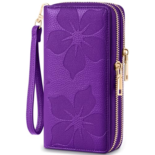 Women Wallet RFID Blocking Large Capacity Card Holder Phone Wallet Purse Double Zip Leather Designer Ladies Clutch with Wristlet Purple