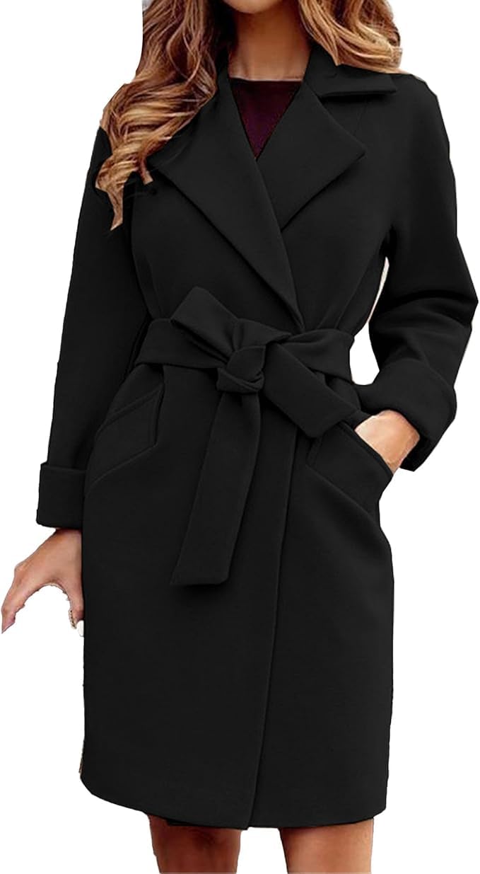 Maiyifu-GJ Womens Wool Blend Long Trench Coat Elegant Notched Lapel Coat Jacket Casual Fall Winter Overcoat with Belt
