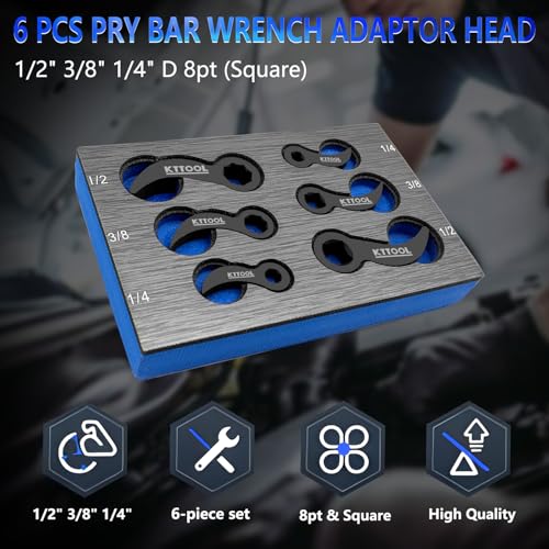 KTTOOL 6 Pcs Pry Bar Wrench Adaptor Head Set, Crowbar Adapter Head Tool, Half Shaft Removal Car Repairing Tools 1/2\" 3/8\" 1/4\" D 8pt (Square) Profile