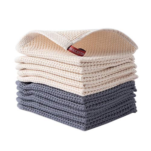 JIANAN 10 Pack Cotton Tidy Kitchen Dishes Cloth,Absorbent Soft Waffle Weave Rags Hand Towels for Kitchen.(Beige/Dark Gary)