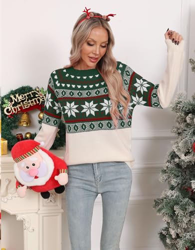 Image of Women's Fair Isle Sweater Crew Neck Long Sleeve Heart Sweater Vintage Tops