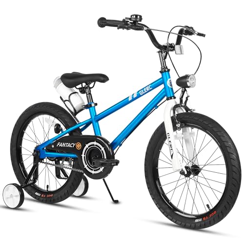 Glerc Fantacy 18 Inch Kids Bike for 5-9 Years Old Boys Girls with Water Bottle Holder & Headlight & Training Wheels, Blue