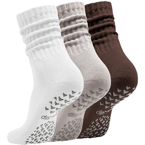 Acomono Womens Pilates Socks with Grips 3 Pairs Scrunch Crew Non-Slip Yoga Barre Workout Hospital Slipper Slouch Socks (US Numeric 5 11 Regular Regular White+Khaki+Brown)