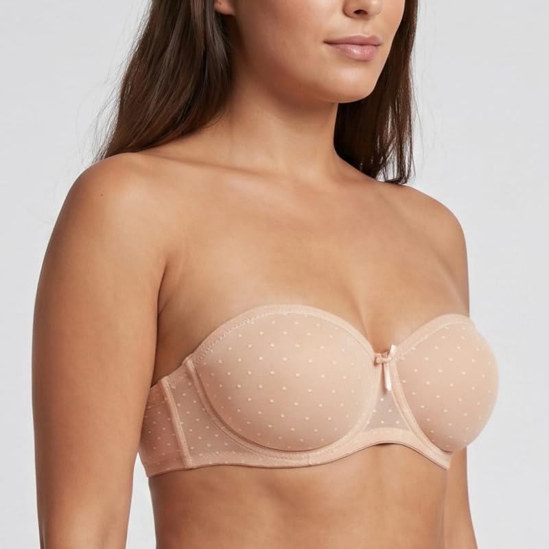 MELENECA Damski biustonosz typu bandeau Sheer Lace See-Through Minimizer Strapless Underwire Bandeau – biustonosz z antypoślizgowym silikonem