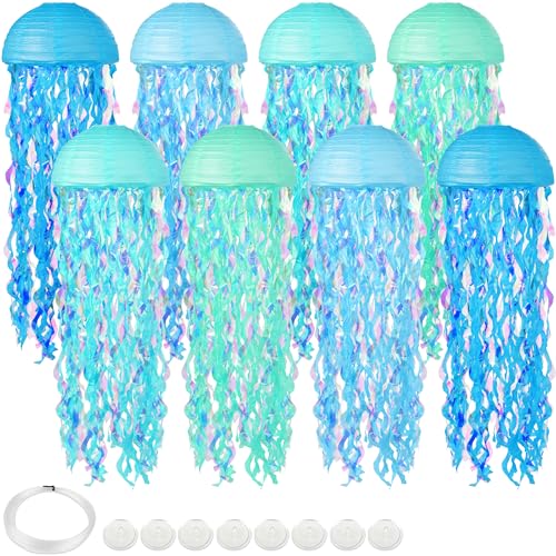 Image of 8 pcs Jellyfish Paper Lanterns Ocean Birthday Party Decorations with Hooks and Ropes, Hanging Jellyfish Decorations for Baby Shower Under The Sea Mermaid Spongebob Birthday Classroom Decorations
