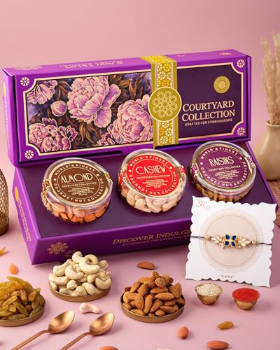 Image of Hyperfoods Rakhi With Dry Fruits 375g RawFruit Courtyard Collection Pack of 3 Dry Fruits Gift Box Rakhi Combo Set for Brother Gift Hamper DryFruits Gift Pack Dryfruit Box for Gift