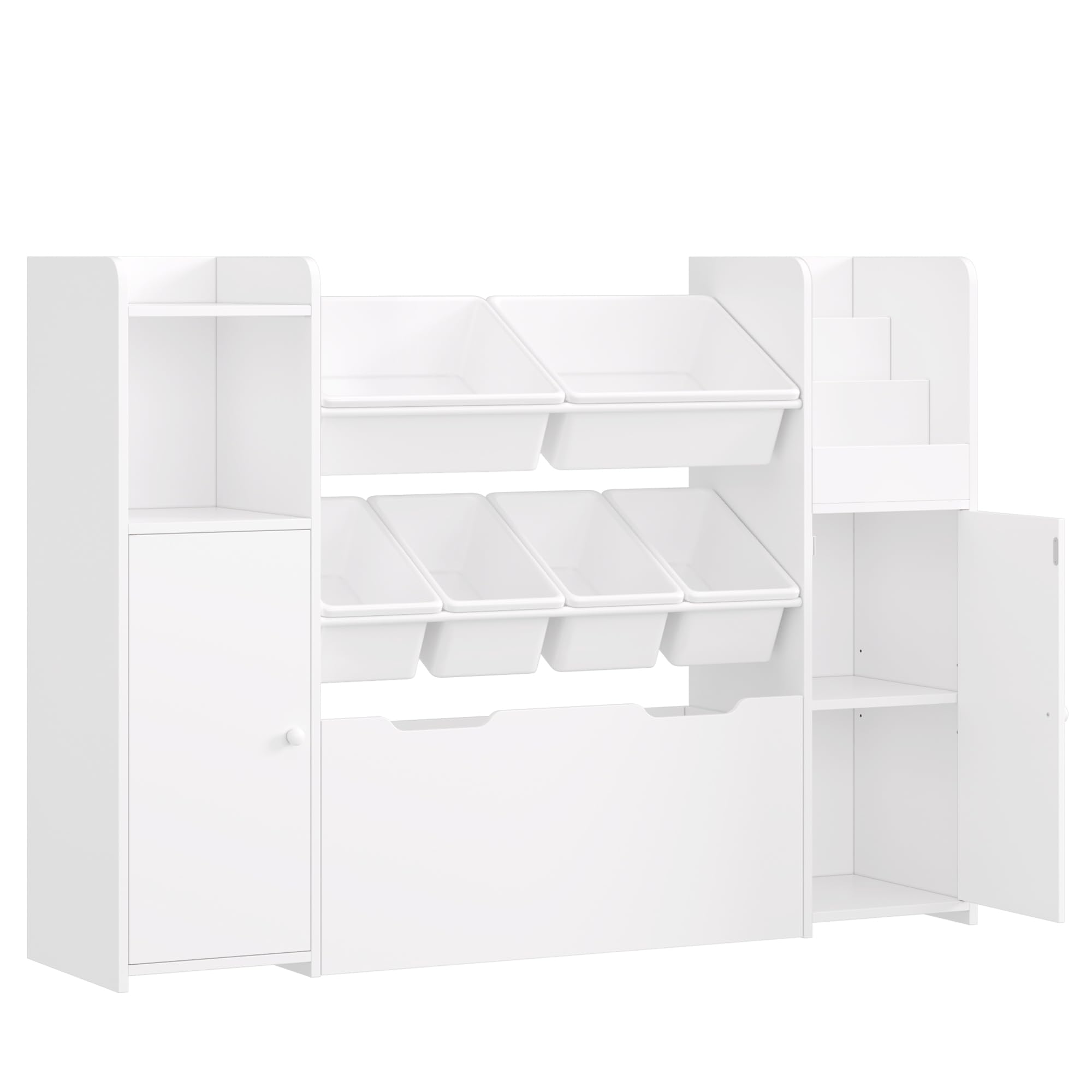 FOREHILL Organizer Giocattoli, Porta Giochi Bambini con 6 Scatole Contenitori, Mobile Porta Giochi con Portariviste, 1 Cassetto Grande con Ruote, per Cameretta e Sale Giochi, 138x30x94 cm (Bianco)