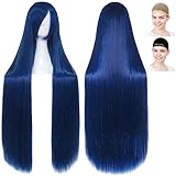 CaseEden コスプレ ウィッグ ロング ストレート 100cm さらさら ダークブルー＆ブラックミックス 青黒 暗い青色 ウィッグネット2個セット