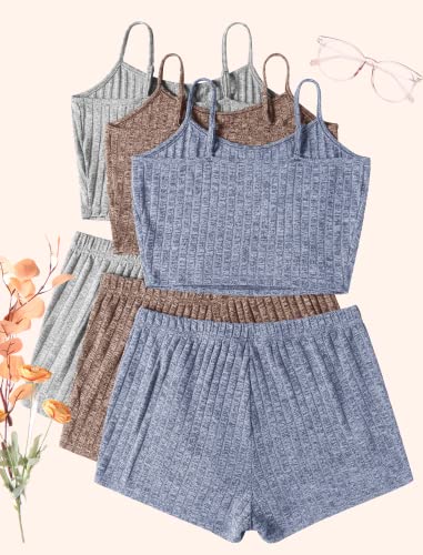 Image of Ekouaer 3 Sets for Women Ribbed Pajamas Crop Cami Top and Shorts Pjs Casual Sleeveless Button Lounge Set Sleepwear