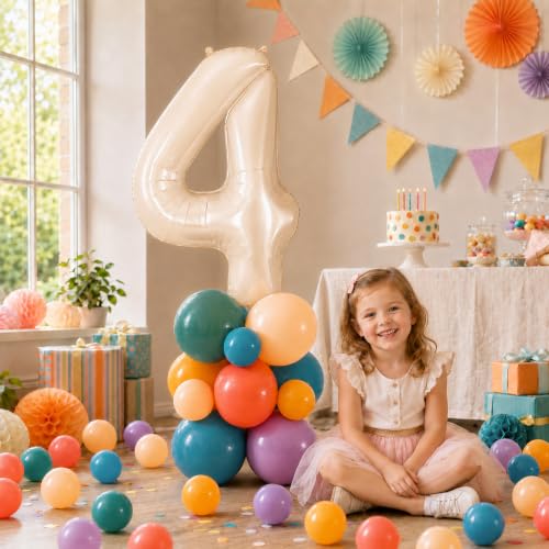 Image of 40 Inch Boho Rainbow Number 4 Balloon Tower for 4th Birthday Decorations