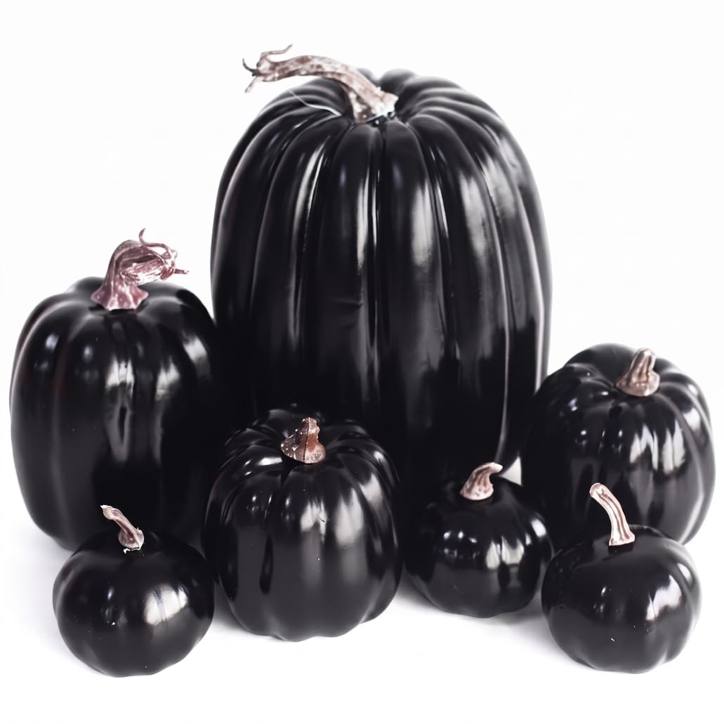 Imooreshine 7-piece Foam Pumpkins, Pumpkin Decor Kit, Autumn Halloween Thanksgiving Outdoor & Indoor Decor, Black