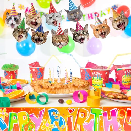 Image of Cat Face Theme Birthday Party Decorations Cat Happy Birthday Banner Garland Funny Banner Decor for Kids Girls Boys Cats Theme Party Supplies