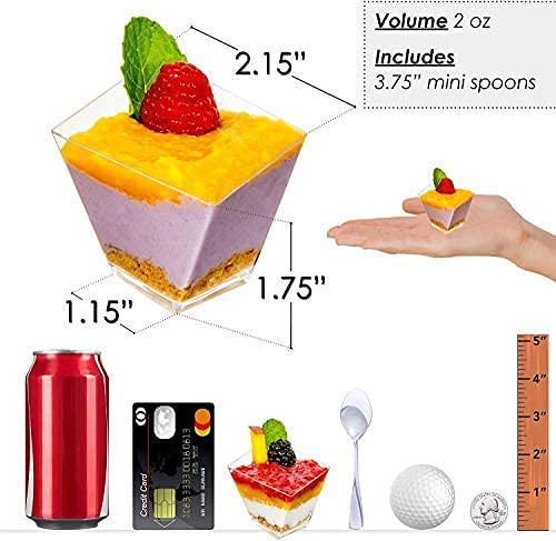 DLux 50 x 2 oz Mini Dessert Cups with Spoons, Asymmetrical - Clear Plastic Parfait Appetizer Cup - Small Reusable Serving Bowl for Tasting Party Desserts Appetizers - With Recipe Ebook