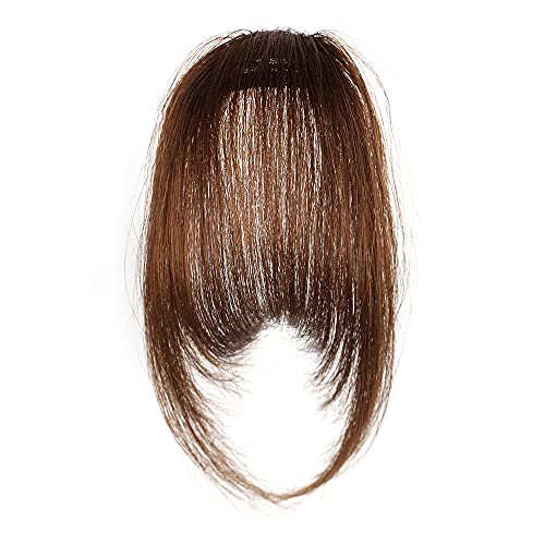 Clip in Bangs 100% Human Hair Extensions Fringe Bangs with Nice Net Natural Flat Neat Bangs with Temple Wispy Bangs Hair Extensions for Women Medium Brown