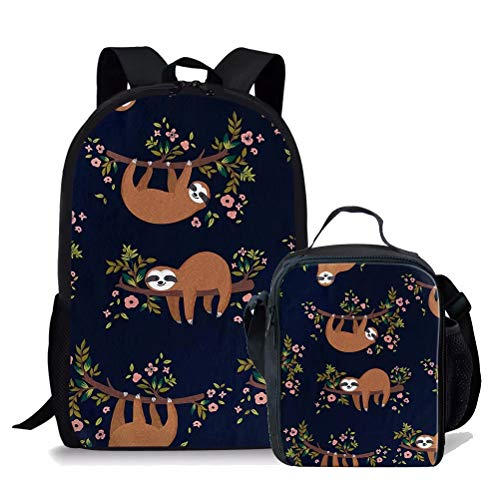 chaqlin Bolsa para libros y lonchera para la escuela, niñas, niños, estampado de perezosos, unisex, mochila de 17 pulgadas con bolsa de almuerzo aislada, juego de 2 piezas, Estilo perezoso-4, Talla