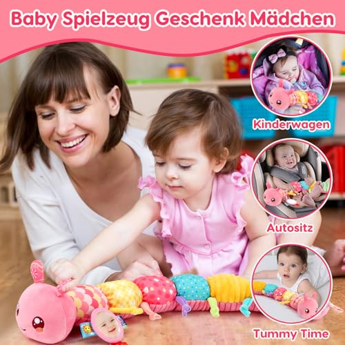 Baby Spielzeug 0 3 6 Monate Raupe Musikspielzeug, Montessori Sensorik SpielzeugBaby Geschenk Mädchen mit Lineal Greifling Rassel Spiegel, Babyspielzeug Neugeborenen Geschenk, Tummy Time Baby Toys