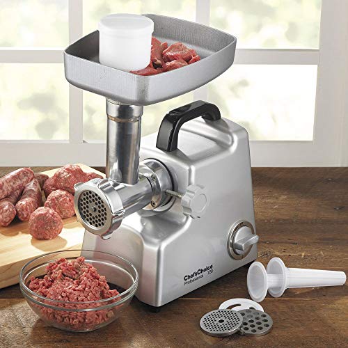 Chef's Choice 720 Professional Commercial Meat Grinder with Three-Way Control Switch Stuffing & Reverse, 3 Grinding Plates, Silver