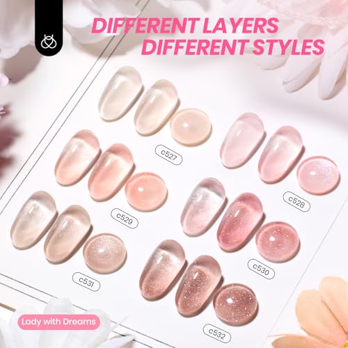 Image of Beetles Jelly Gel Nail Polish Set - 6 Colors Shimmer Gel Polish Kit Glitter Nude Pink Brown Sheer Transparent Effect Soak Off UV Lady with Dreams Collection Gift for Women