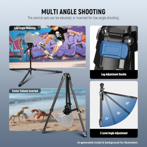 Image of NEEWER 60.4 inch Travel Tripod Carbon Fiber with Detachable Damped Fluid Head, Lightweight Video Camera Stand with Metal Quick Flip Buckle, Arca Type QR Plate Compatible with PD, LT37