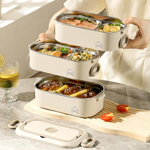 Image of House of Quirk 304 Stainless Steel Bento Lunch Box for Adults - 3 Stackable Leakproof Containers with Insulated Thermal Carry Case, Spoon & Fork Included, Microwave Safe Portable Tiffin Box (Beige)