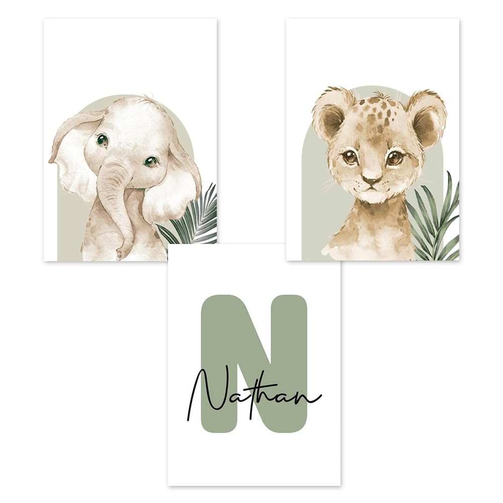 3 Laminas Animales Infantiles Personalizadas 30X40CM Poster Habitacion Bebe Cuadros Safari Infantil Niño Beige Verde Lienzo Infantil Selve Laminas Animales Salvajes Bebe Niño Habitacion sin Marco