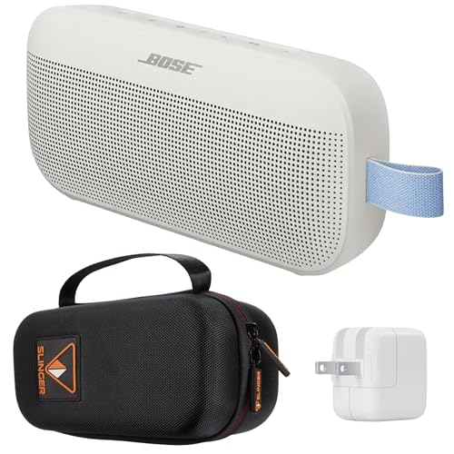 Bose NEW SoundLink Flex Portable Bluetooth Speaker (2nd Gen), Outdoor Speaker with Hi-Fi Audio, Up to 12 Hours Battery, Waterproof and Dustproof, + Slinger Hard Travel Case & USB Plug (Fog Gray)