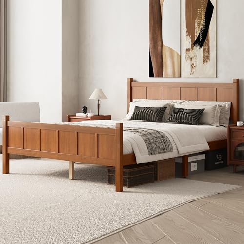 Image of Queen Size Vintage Bed Frame with Headboard, Farmhouse Wooden Platform Bed with Under-Bed Storage, Minimalist Modern Wood Grain Finish Bedframe for Bedroom (Light Walnut)