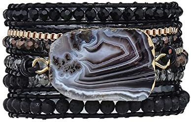 PLTGOOD Handmade 5 Wrap Leather Bead Bracelets for Women Men - Bohemian Natural Crystal Lava Stone Mixed Beaded Strand Bracelet with Brazilian Agate Collection