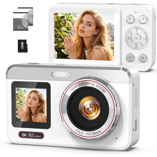 Image of Digital Camera, 5K 80MP Dual Screen, Auto Focus for Beginners Teens | Point and Shoot Camera with 18X Zoom, 32GB Card & 2 Batteries, Great Travel Vlogging Camera for YouTube, White