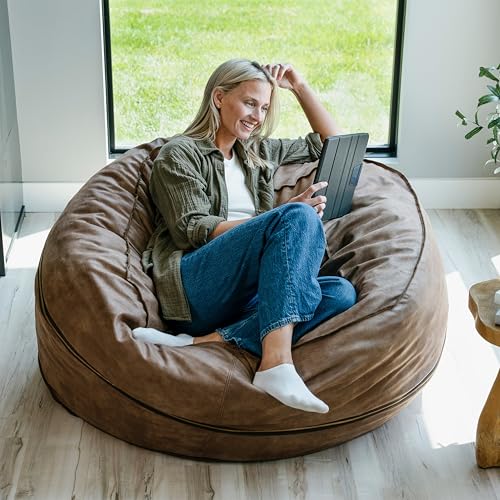 Image of Big Joe Fuf 5Ft Oversized Foam Bean Bag Chair with Removable Cover for Kids, Teens, Adults, Coffee Soft Vegan Leather, 5 Foot Large Reading and Gaming Seat