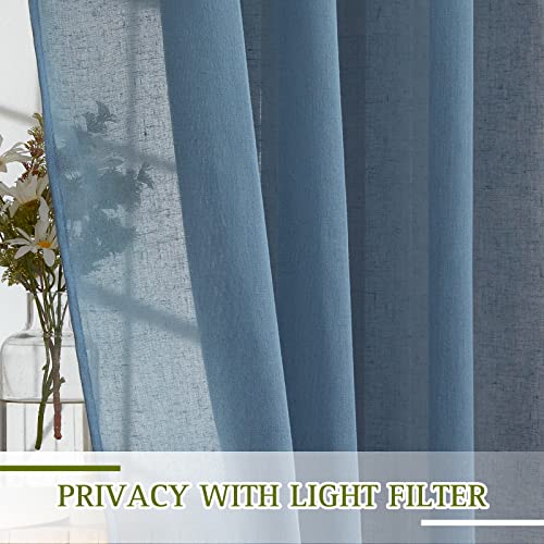 NICETOWN Flax Linen Sheer Curtains for Living Room, (Stone Blue) Grommet Vertical Drapes Semi Sheer Linen Curtains Privacy with Light Filtering for Villa/Farmhouse, W52 x L84, 1 Pair
