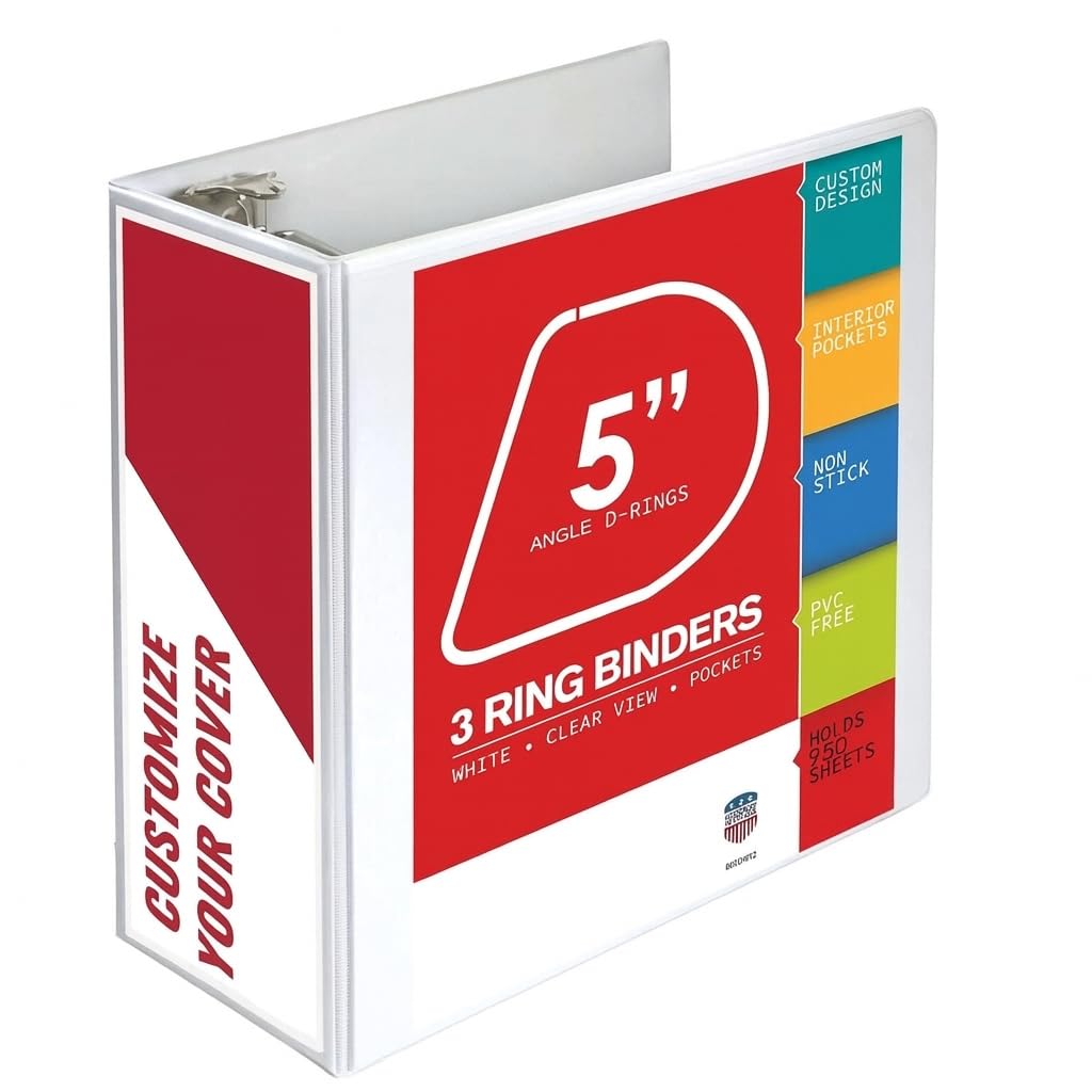 3 Ring Binder, Professional Angle D Ring Binder 5 Inch, Presentation Folder for Standard Pages 8.5 x 11 with Pockets, Crystal Clear View White (1 Pack)
