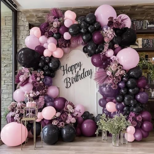 Image of Black Pink Purple Balloons Double Stuffed Dark Plum Mauve Pink Pastel Lavender Lilac Balloon Garland Arch Kit for Wednesday Addams Halloween Birthday Baby Shower Wedding Goth Party Decorations