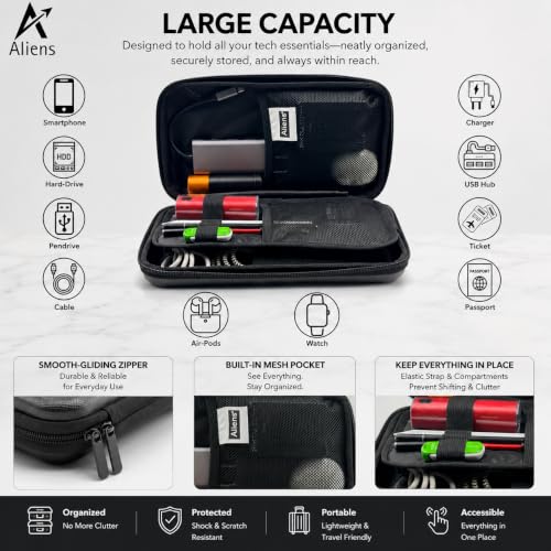 Image of Aliens Large Travel Gadget Organiser Case Bag, Hardshell ABS Material, Shockproof, Water-Resistant Travel Storage Pouch for HDD /SSD, Gadget Organiser, Cable,Charger,Smartphone,airpods,Power Bank-Grey