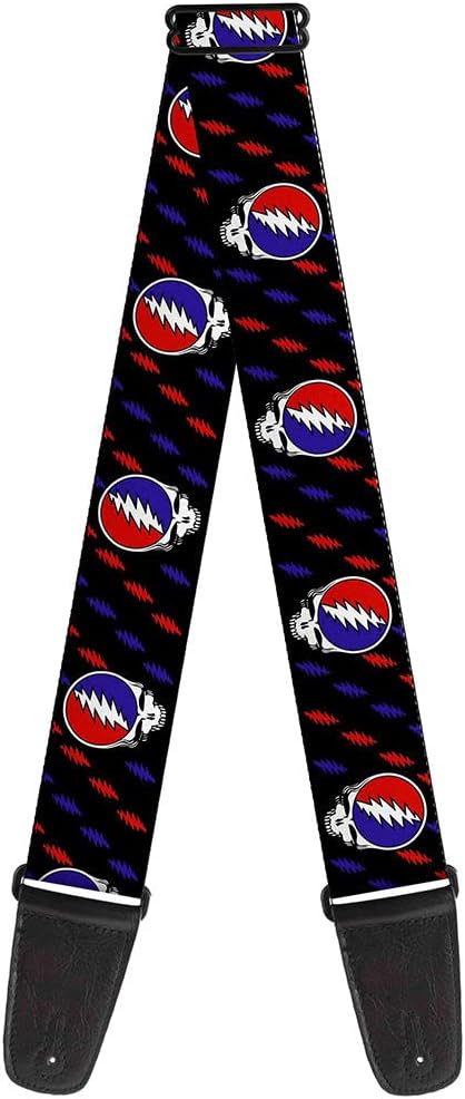 Grateful Dead Guitar Strap, Steal Your Face Mini Lightning Bolt Black Red White Blue, 2 Inches Wide