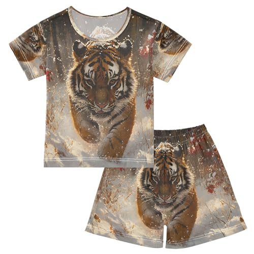 ALAZA Tiger Winter Stylish Pajamas Set Short Sleeve Cotton Sleepwear Summer Pjs 2 Piece 5-14Y