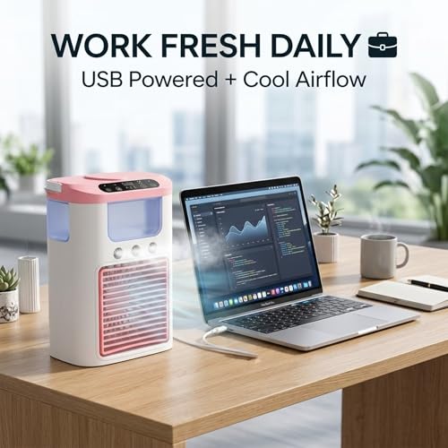 Image of Drumstone Portable Mini Air Cooler Fan with Water Tank, USB Personal Air Conditioner, 3 Speed Cooling Fan with Mist Spray, Quiet Desktop Cooling Fan for Home Office Bedroom Summer Cooler - Pink