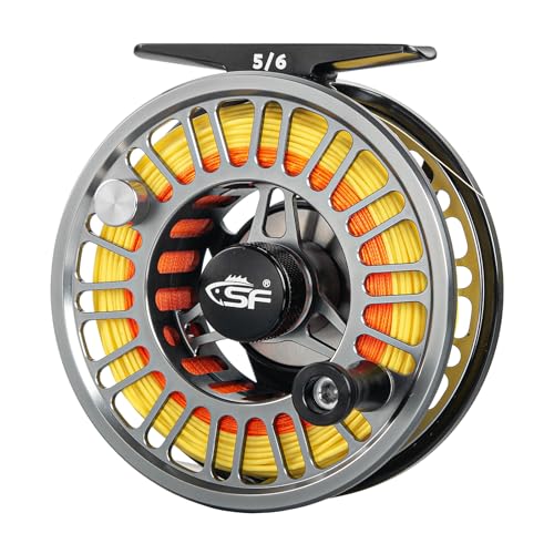 SF SF-003 Pro Fly Fishing Reel for Freshwater - CNC Machined, Mid Arbor Design, Smooth Drag System, Lightweight Aluminum Body - 5/6wt, Gunmetal Gray & Black,Pre-Loaded Fluorescent Yellow Fly Line Kit