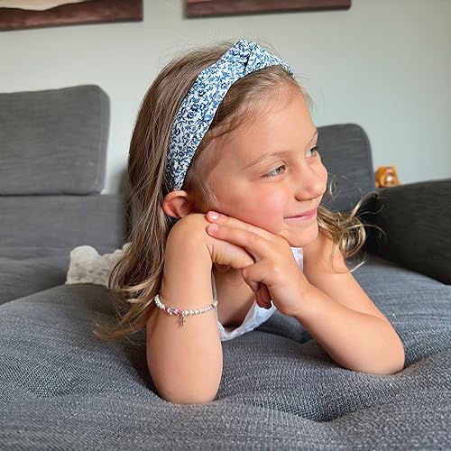 Image of Baby Crystals Personalized Baptism Pearl Bracelet for Girls, White Simulated European Pearls, Sterling Silver Cross Charm Initial Bracelet, Handmade Baptism Gifts for Girl, Girls Jewelry
