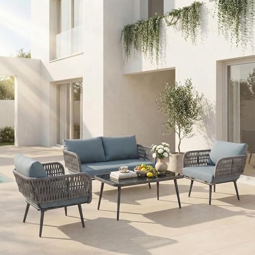 Image of BRISHI Outdoor Sofa Set || Balcony Sofa || Patio Furniture Sets | Conversation Sets | Braid & Rope Garden Seater Sofa Set and Center Table (4 Seater Grey-Blue)
