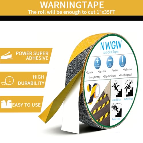Image of Black & Yellow Anti-Slip Stair Treads Tape, 1 inch x35FT Heavy Duty Non-Skid Grip Tape for Indoor /Outdoor Steps, Bathroom & Pool - PVC Waterproof Safety Traction Tape